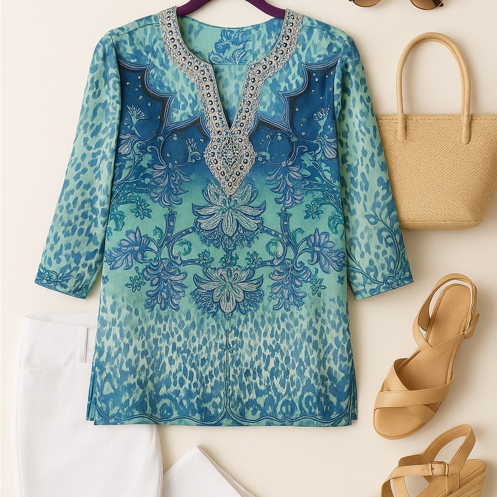 Chico’s Embellished Ottoman Tunic 1P – Tranquil Turquoise Beaded Petite 8/10 NWT